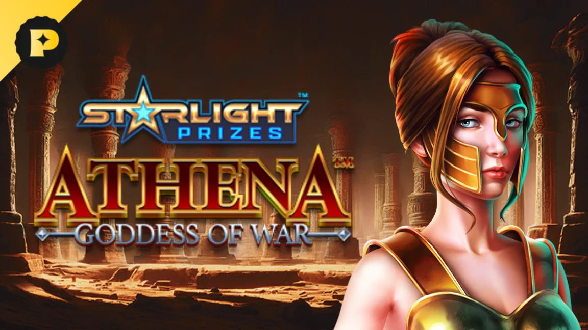 The promotional header for Starlight Jackpots™ -  Athena Goddess of War Linked, an online slot game on Betty.ca.