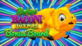 The promotional header for Rakin Bacon Jackpots Bonus Board, an online slot game on Betty.ca.