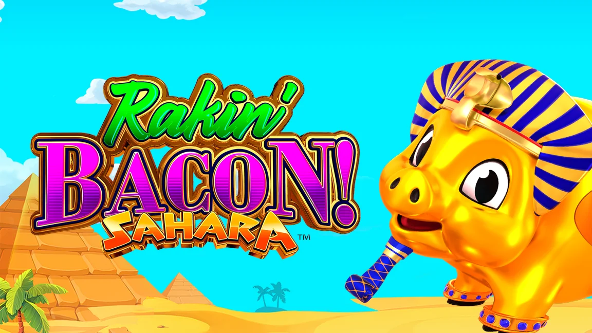 The promotional header for Rakin Bacon Sahara, an online slot game on Betty.ca.
