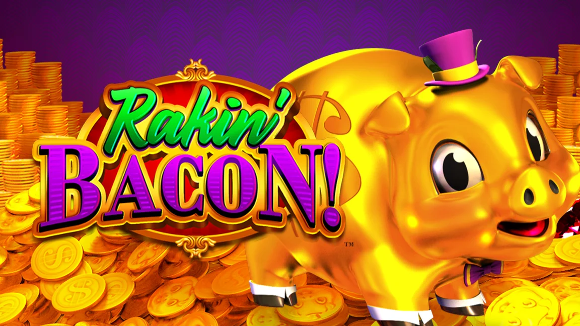 The promotional header for Rakin Bacon, an online slot game on Betty.ca.