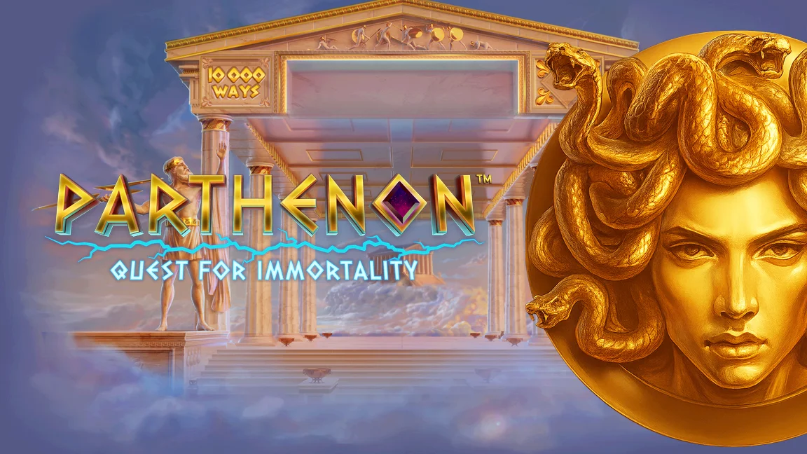 The promotional header for Parthenon: Quest for Immortality, an online slot game on Betty.ca.
