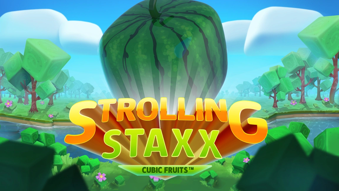 The promotional header for Strolling Staxx: Cubic Fruits, an online slot game on Betty.ca.