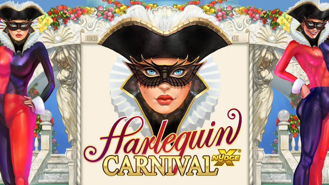 The promotional header for Harlequin Carnival, an online slot game on Betty.ca.