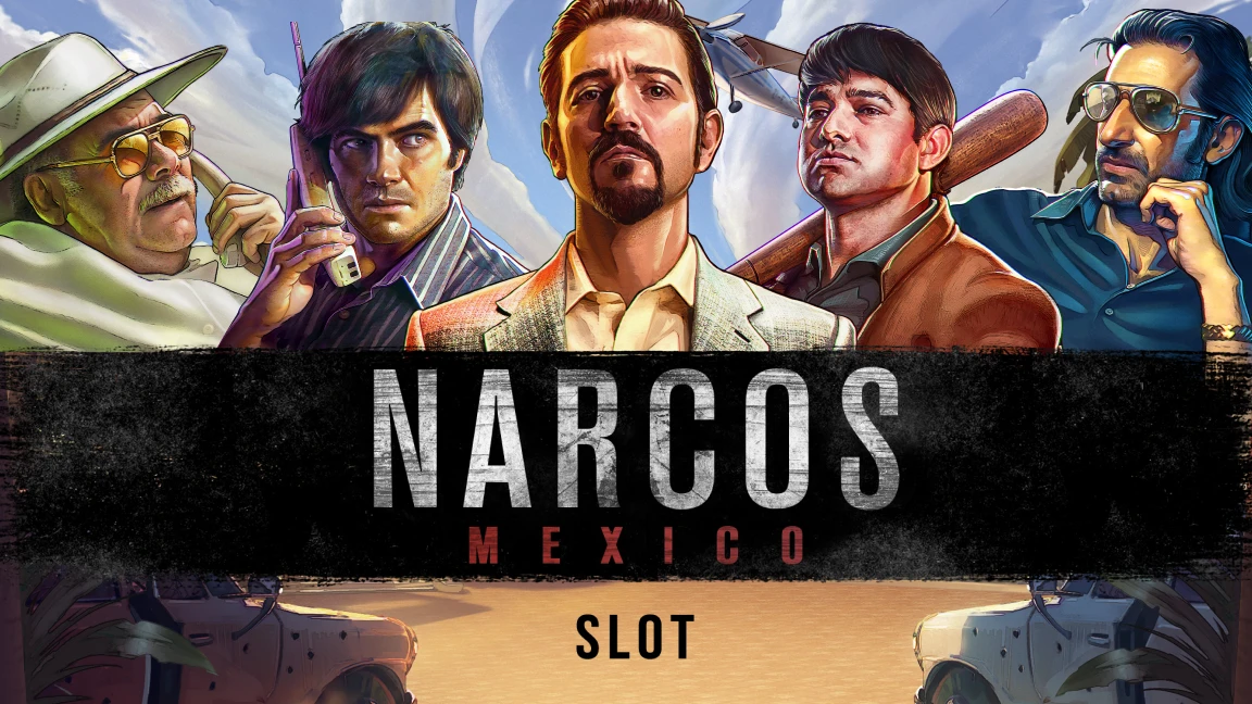 The promotional header for Narcos Mexico, an online slot game on Betty.ca.
