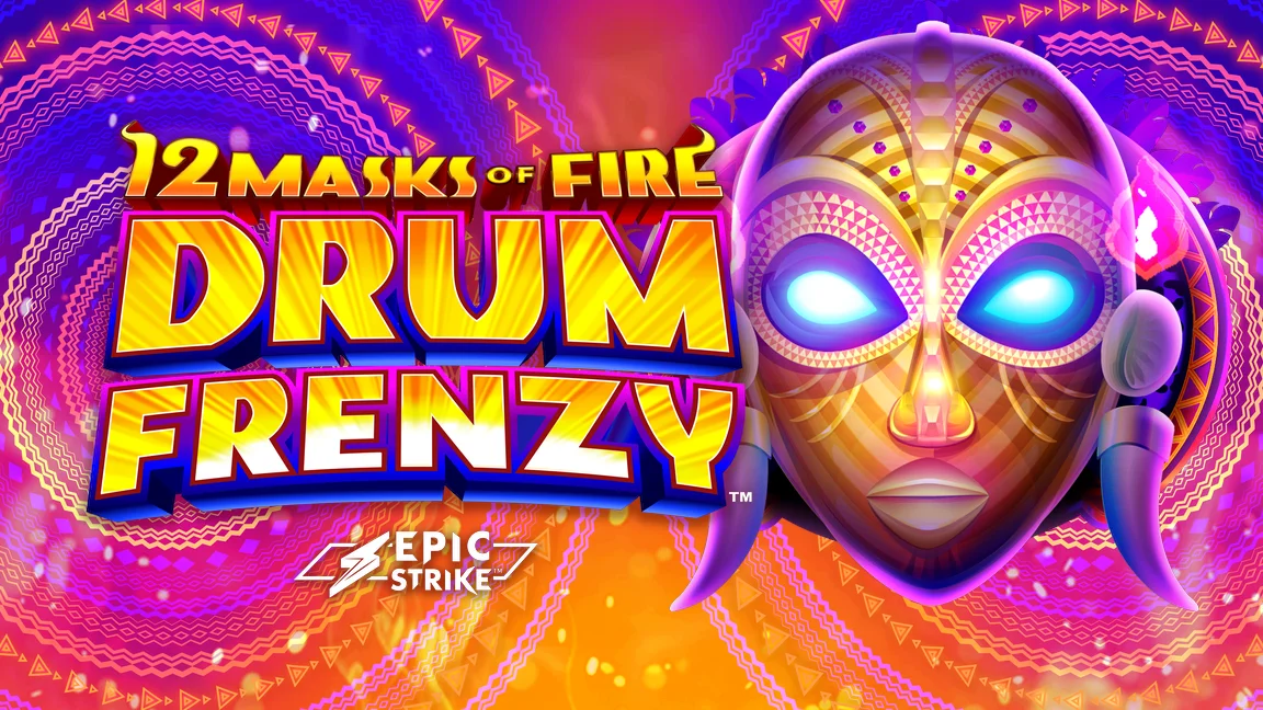 The promotional header for 12 Masks of Fire™ Drum Frenzy™, an online slot game on Betty.ca.