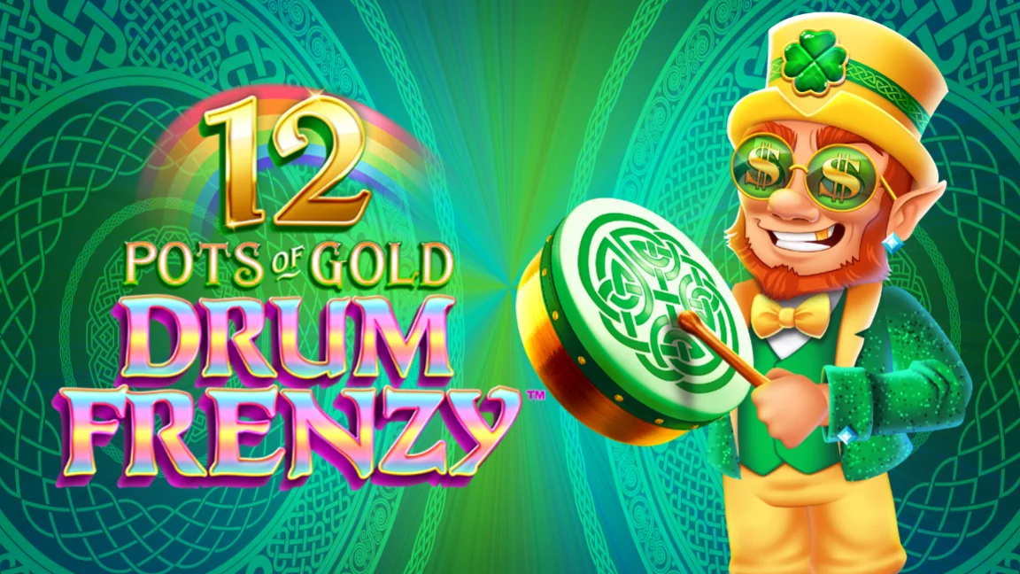The promotional header for 12 Pots of Gold: Drum Frenzy™, an online slot game on Betty.ca.
