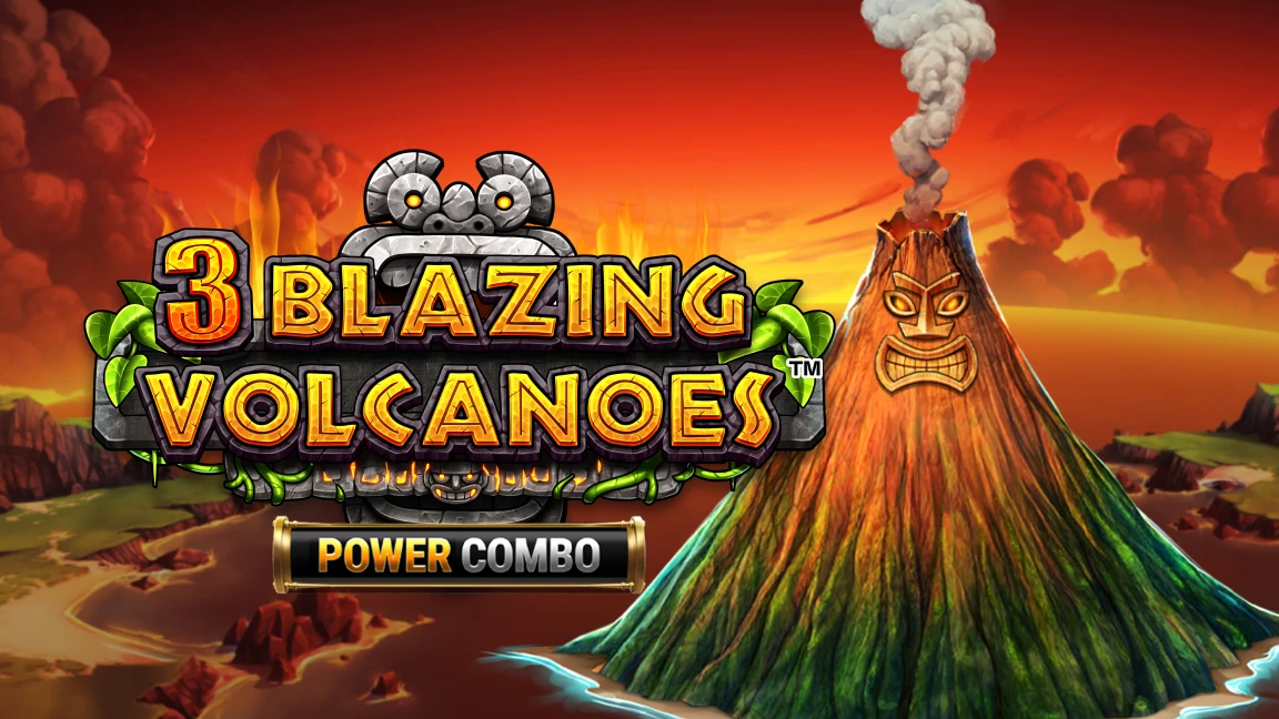 The promotional header for 3 Blazing Volcanoes™ Power Combo, an online slot game on Betty.ca.
