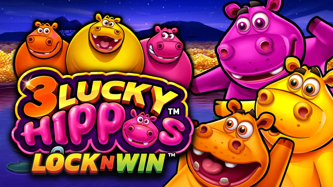 The promotional header for 3 Lucky Hippos™, an online slot game on Betty.ca.
