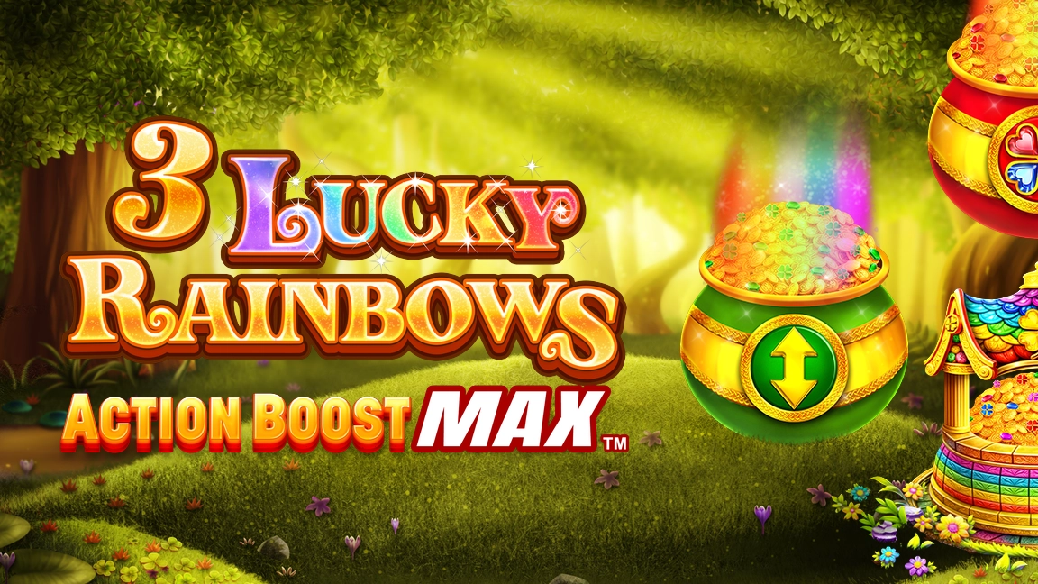 The promotional header for 3 Lucky Rainbows Action Boost Max, an online slot game on Betty.ca.
