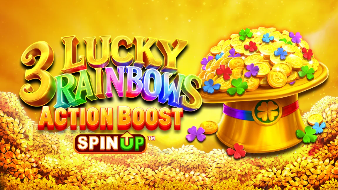 The promotional header for 3 Lucky Rainbows Action Boost SpinUP™, an online slot game on Betty.ca.