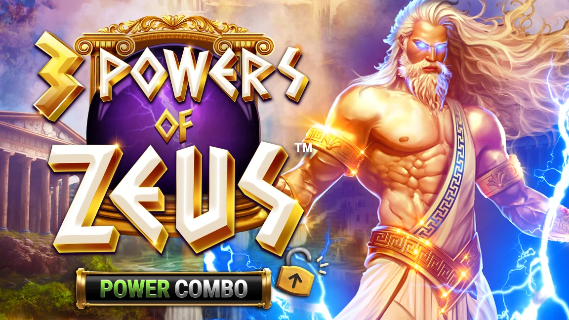 The promotional header for 3 Powers of Zeus: POWER COMBO™, an online slot game on Betty.ca.