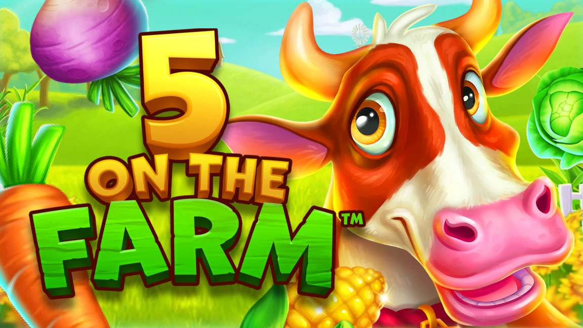 The promotional header for 5 on the Farm, an online slot game on Betty.ca.