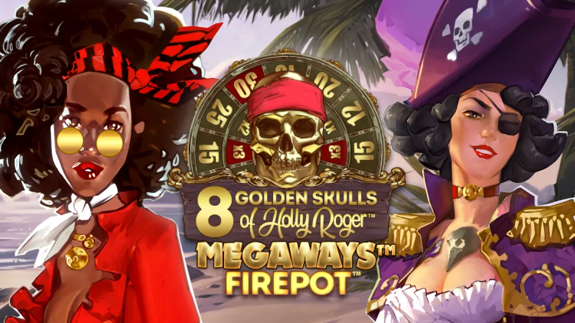 The promotional header for 8 Golden Skulls of Holly Roger MEGAWAYS™, an online slot game on Betty.ca.