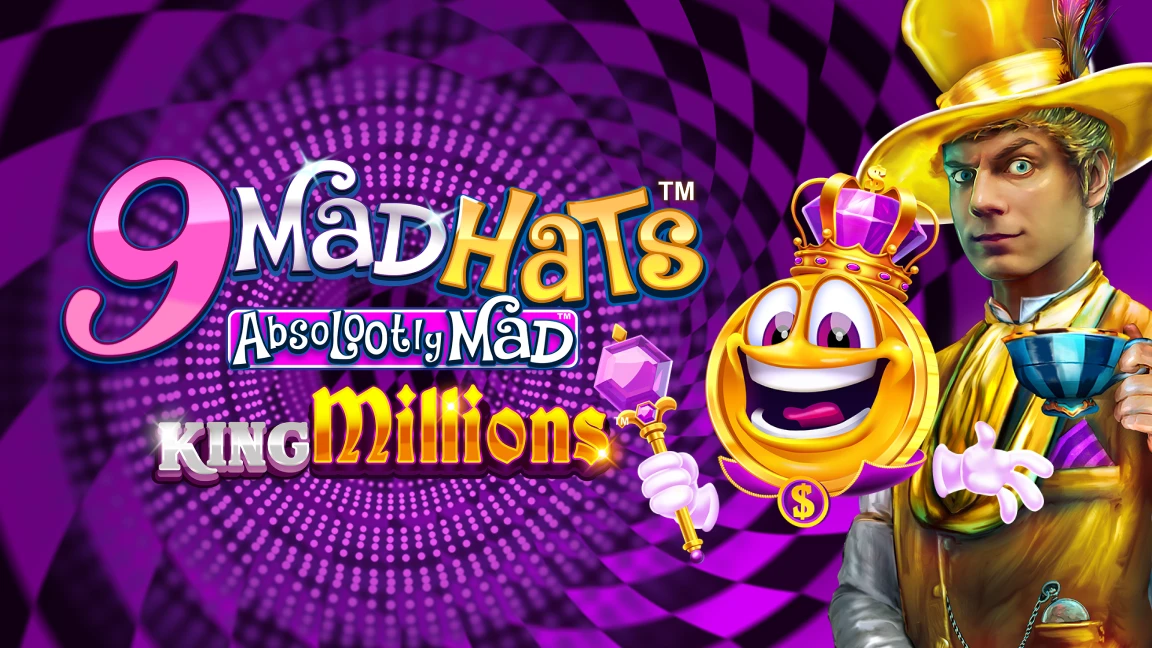 The promotional header for 9 Mad Hats™ King Millions™, an online slot game on Betty.ca.