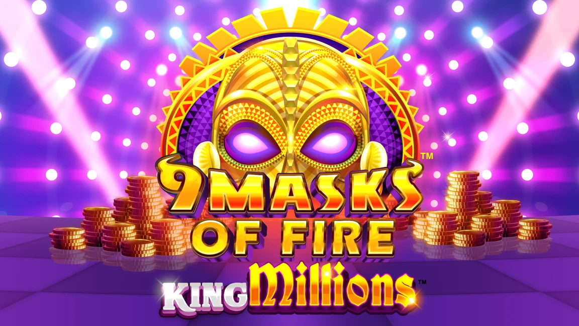 The promotional header for 9 Masks of Fire™ King Millions™, an online slot game on Betty.ca.