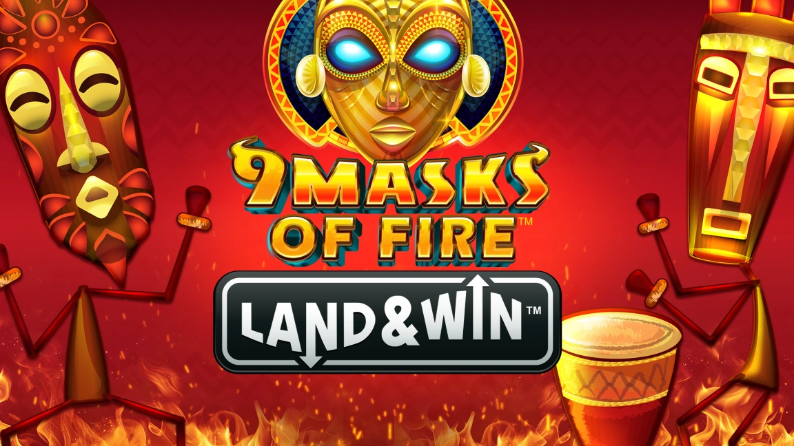 The promotional header for 9 Masks of Fire™ Land & Win™, an online slot game on Betty.ca.