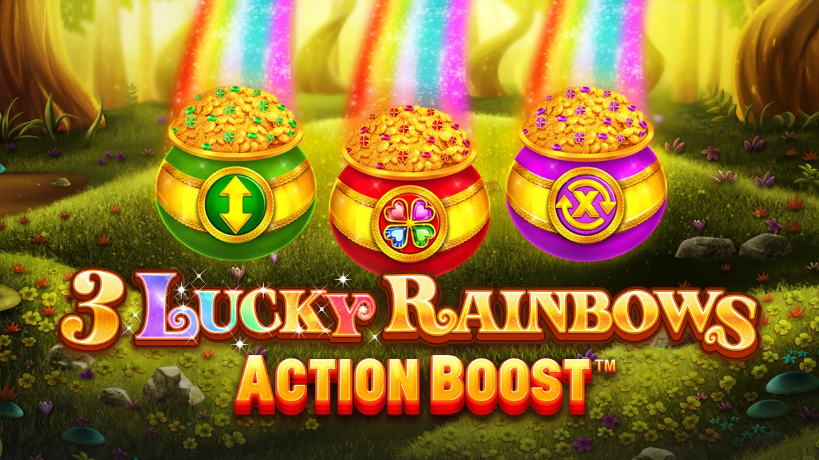 The promotional header for Action Boost ™ 3 Lucky Rainbows, an online slot game on Betty.ca.