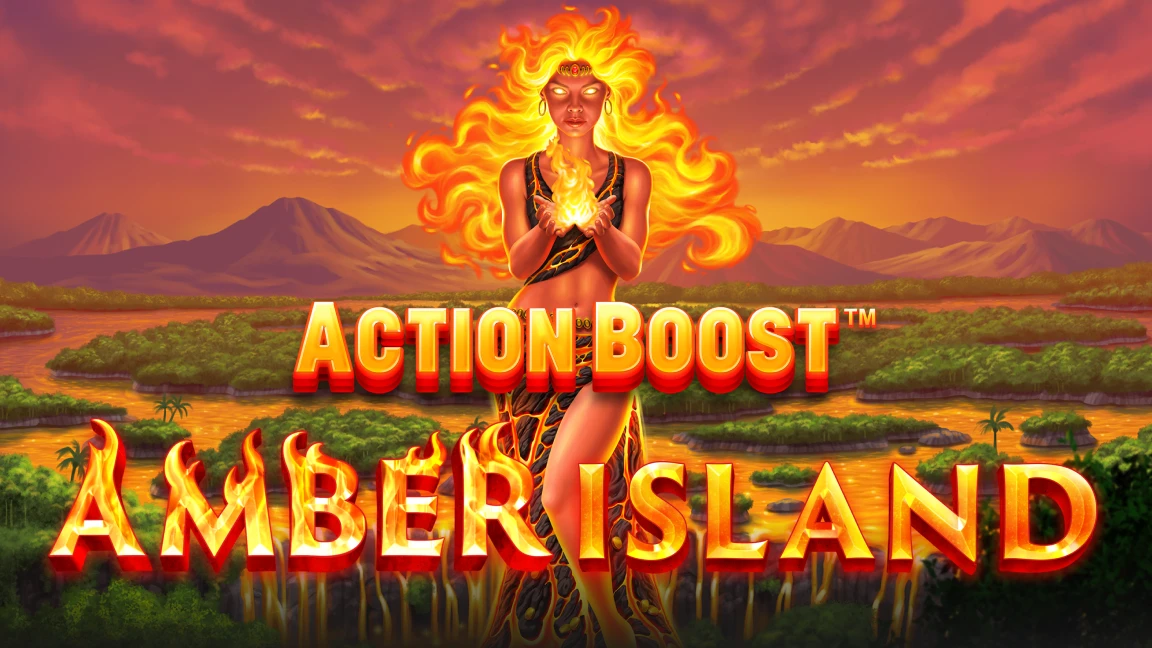 The promotional header for Action Boost™ Amber Island, an online slot game on Betty.ca.