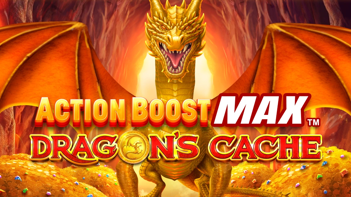 The promotional header for Action Boost Max™ Dragon's Cache, an online slot game on Betty.ca.