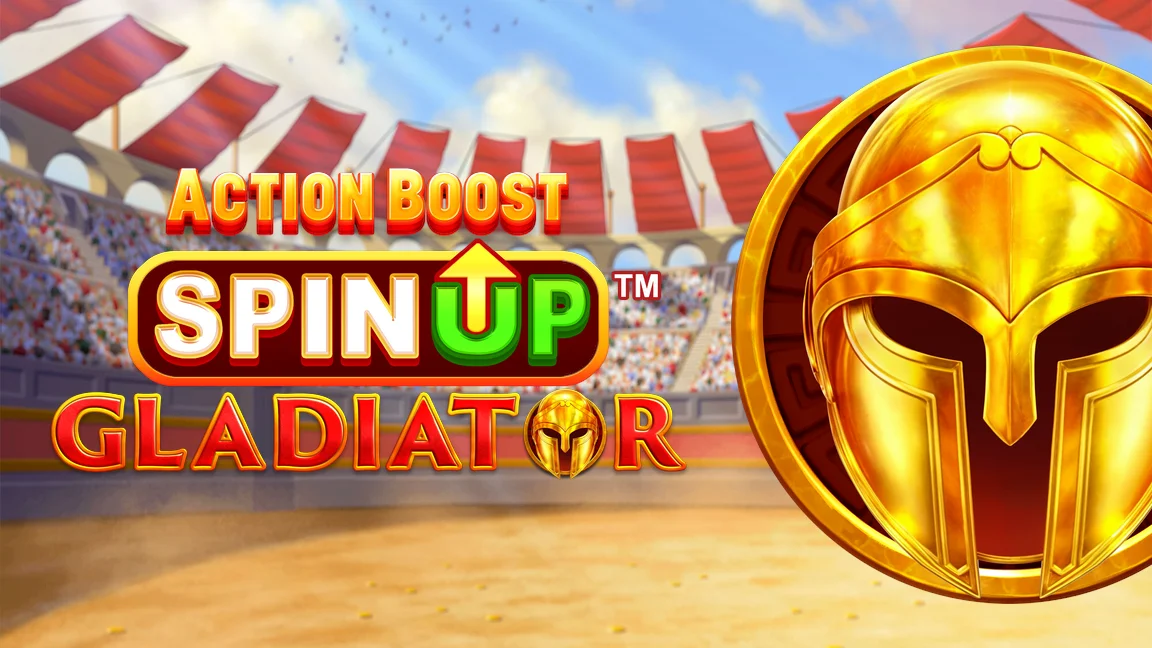 The promotional header for Action Boost SpinUP™ Gladiator, an online slot game on Betty.ca.