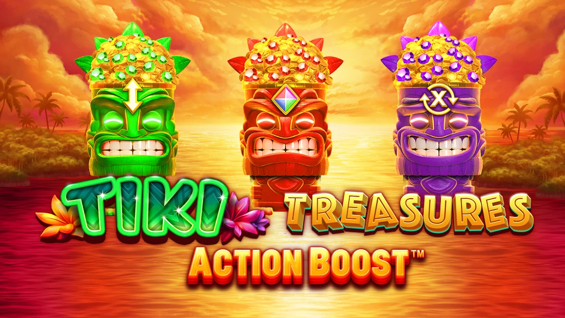 The promotional header for Action Boost™ Tiki Treasures, an online slot game on Betty.ca.