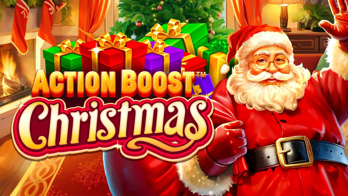 The promotional header for Action Boost™ Christmas, an online slot game on Betty.ca.