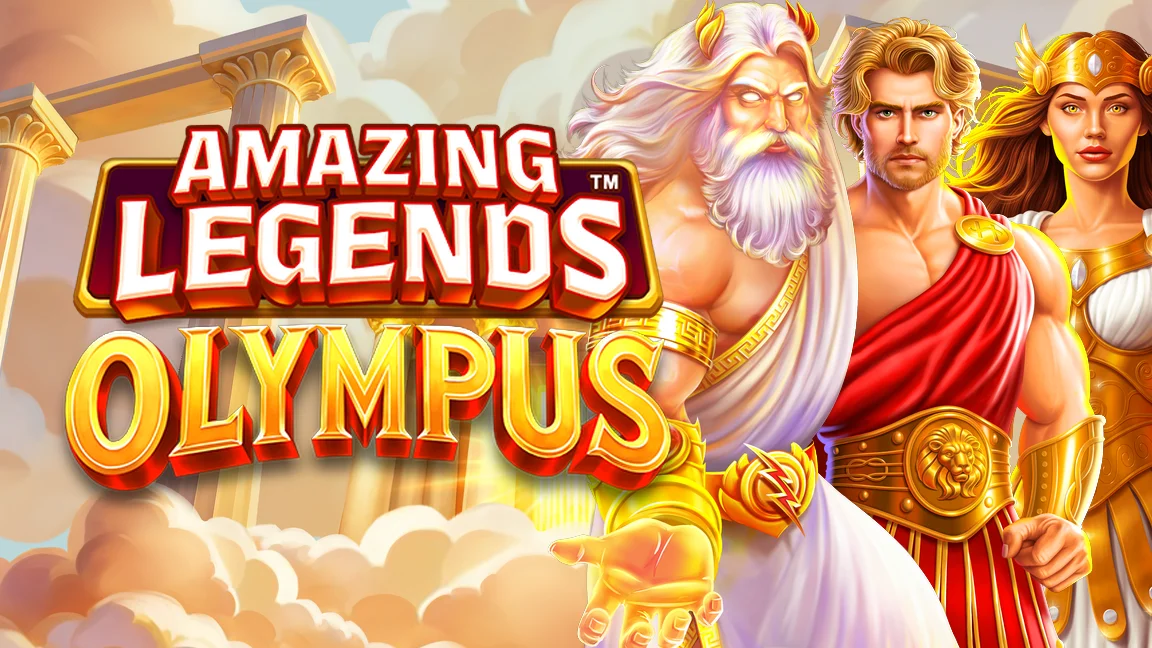 The promotional header for Amazing Legends™ Olympus, an online slot game on Betty.ca.