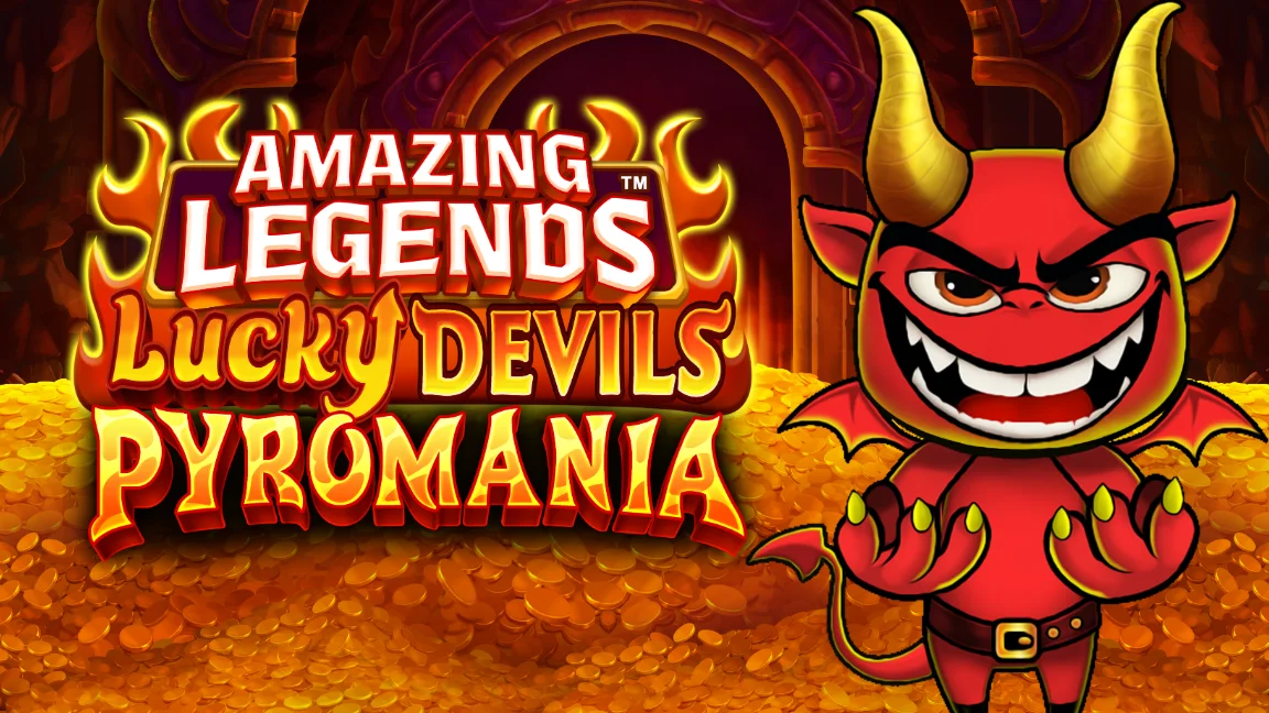 The promotional header for Amazing Legends™ Lucky Devils Pyromania, an online slot game on Betty.ca.