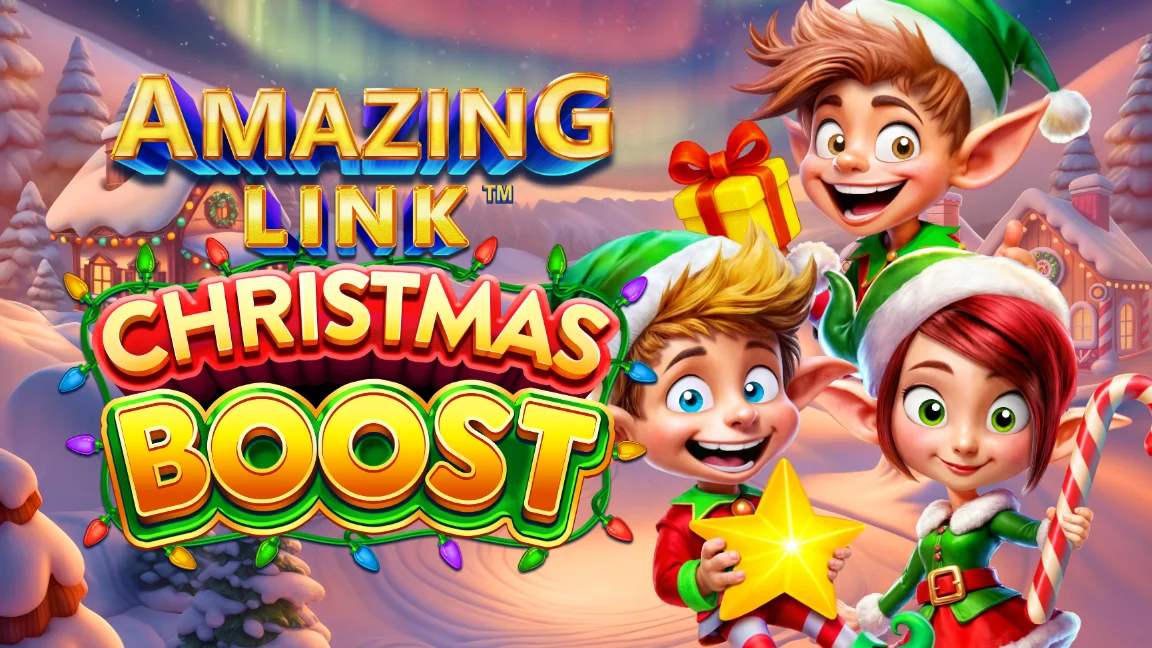 The promotional header for Amazing Link™ Christmas Boost, an online slot game on Betty.ca.