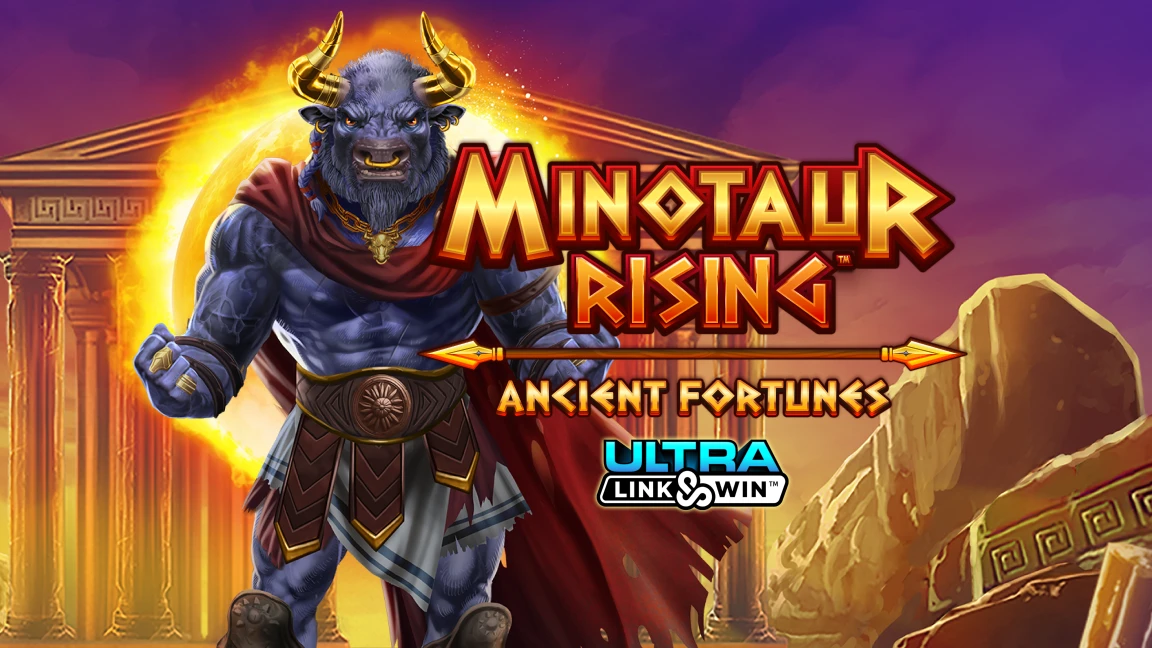 The promotional header for Ancient Fortunes Minotaur Rising™, an online slot game on Betty.ca.