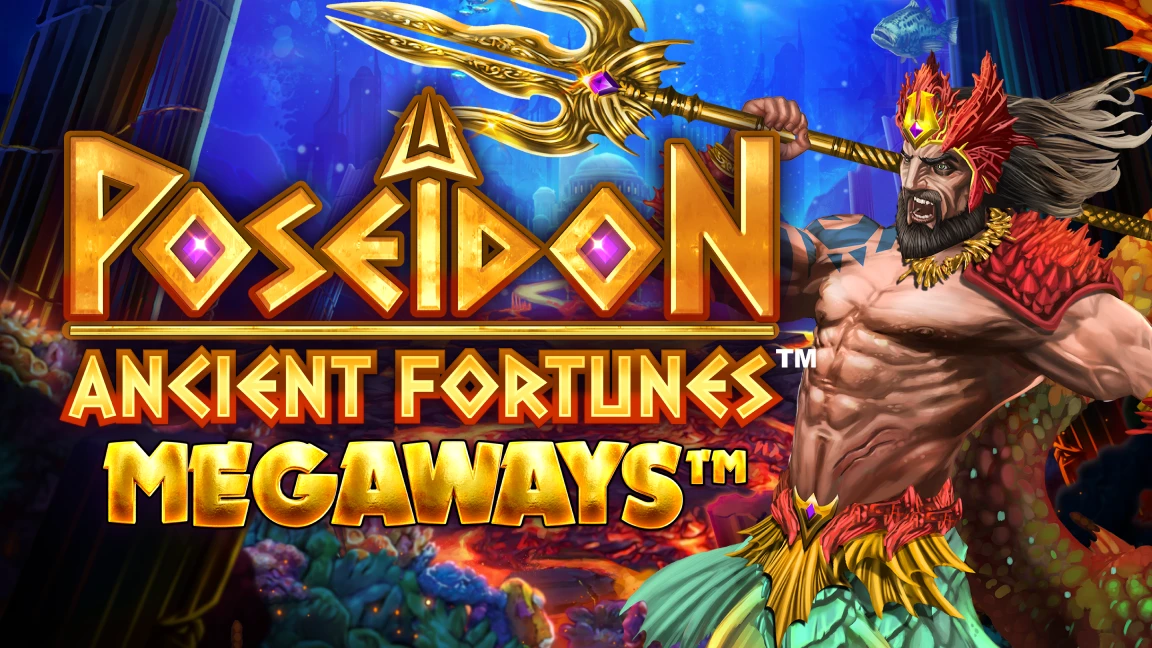 The promotional header for Ancient Fortunes Poseidon MEGAWAYS™, an online slot game on Betty.ca.