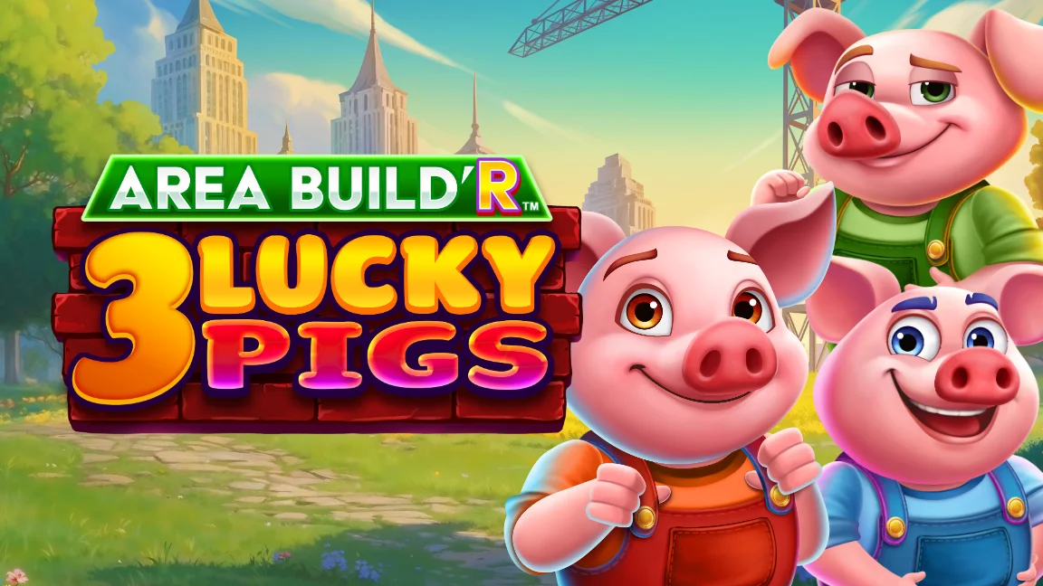 The promotional header for Area Build’R 3 Lucky Pigs, an online slot game on Betty.ca.