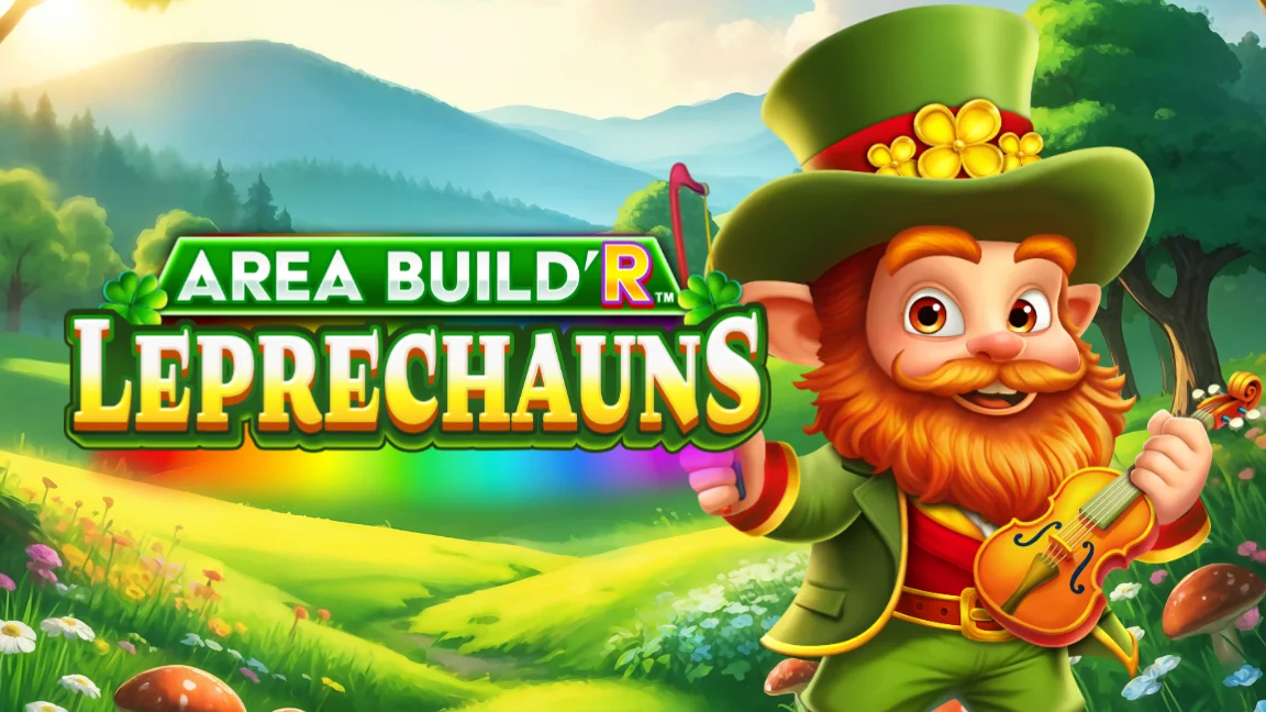 The promotional header for Area Build’R™ Leprechauns, an online slot game on Betty.ca.