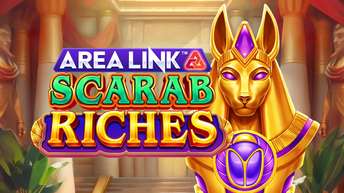 The promotional header for Area Link™ Scarab Riches, an online slot game on Betty.ca.
