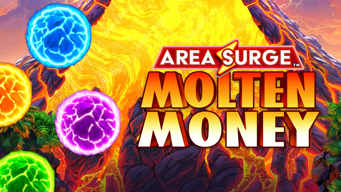 The promotional header for Area Surge™ Molten Money, an online slot game on Betty.ca.