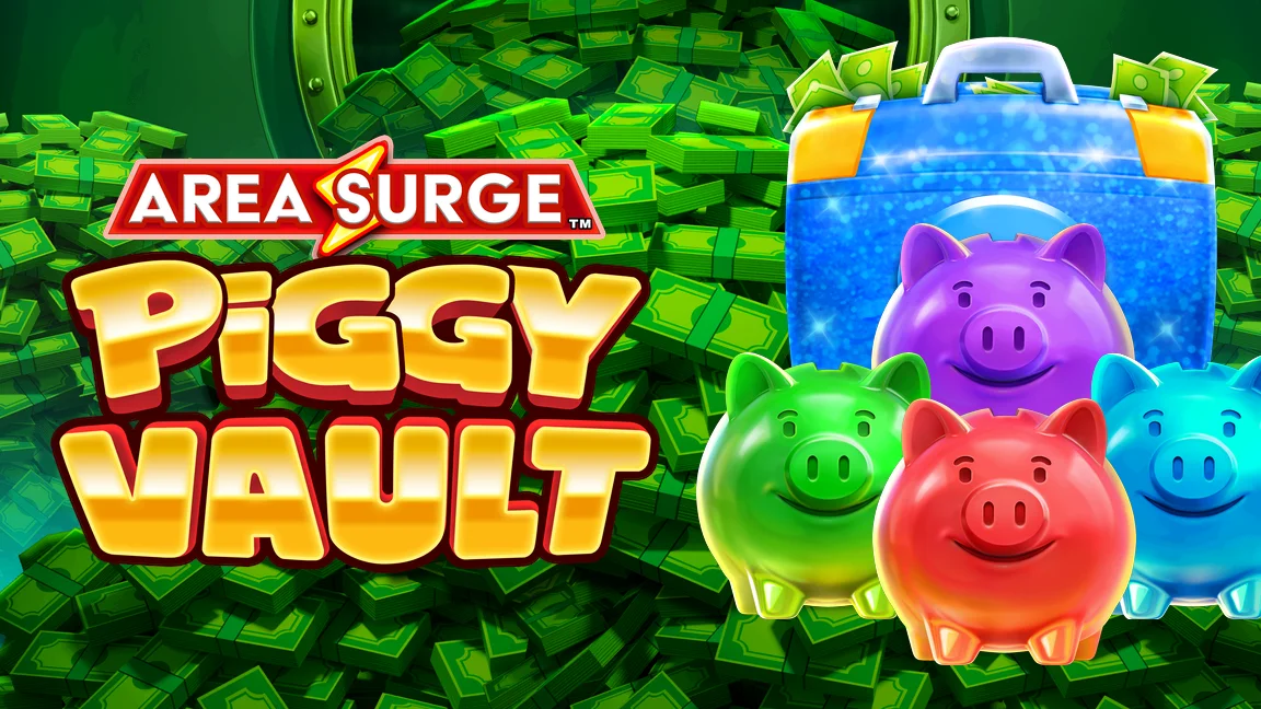 The promotional header for Area Surge™ Piggy Vault, an online slot game on Betty.ca.