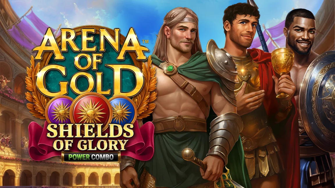 The promotional header for Arena of Gold: Shields of Glory POWER COMBO™, an online slot game on Betty.ca.