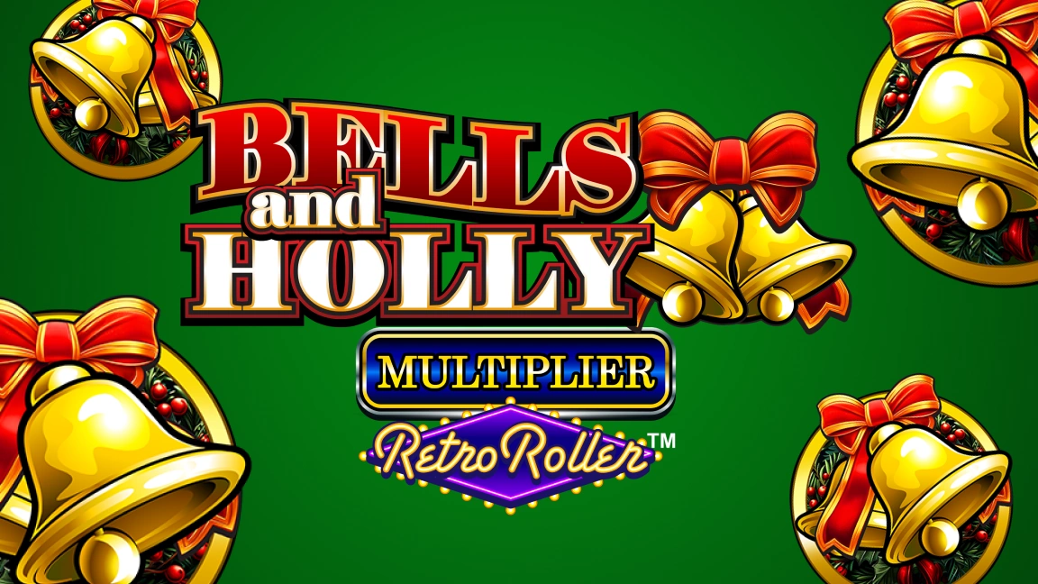 The promotional header for Bells and Holly Multiplier Retro Roller™, an online slot game on Betty.ca.
