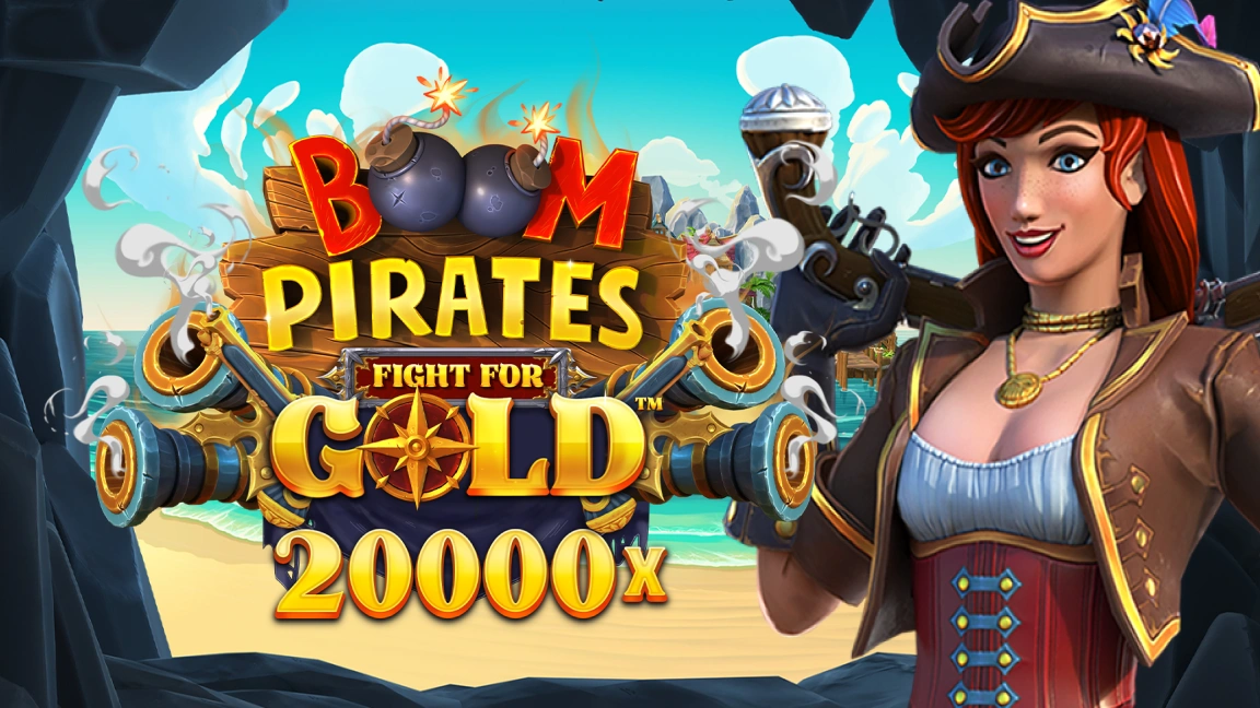 The promotional header for Boom Pirates Fight For Gold™, an online slot game on Betty.ca.