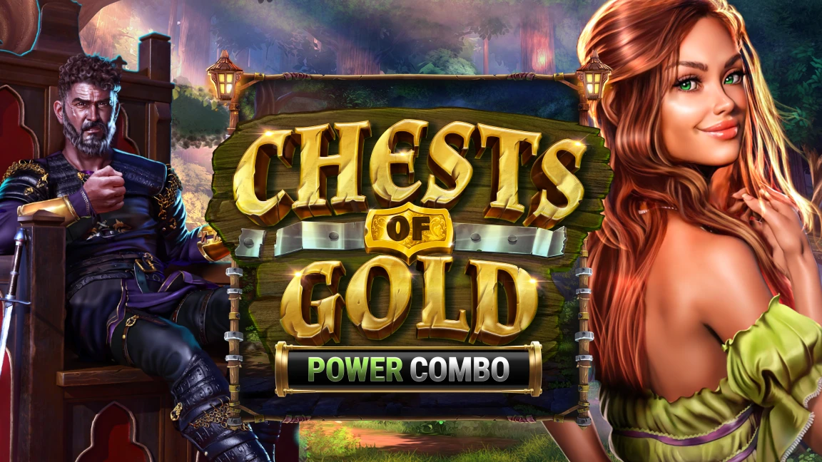 The promotional header for Chests of Gold: POWER COMBO, an online slot game on Betty.ca.