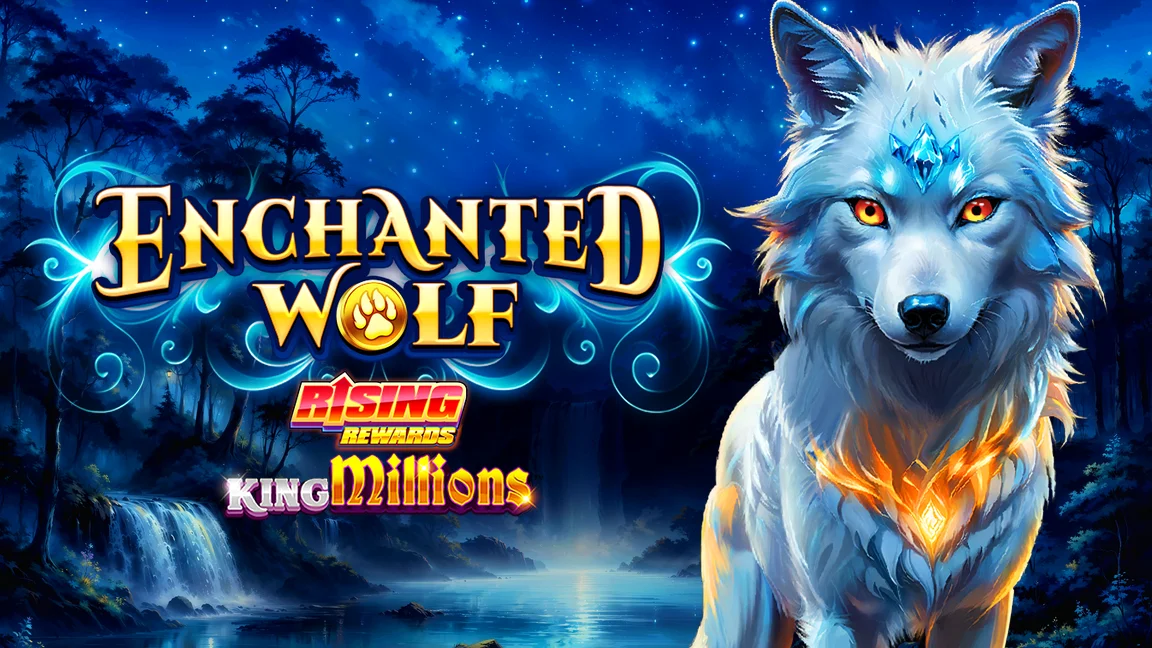 The promotional header for Enchanted Wolf Rising Rewards King Millions™, an online slot game on Betty.ca.