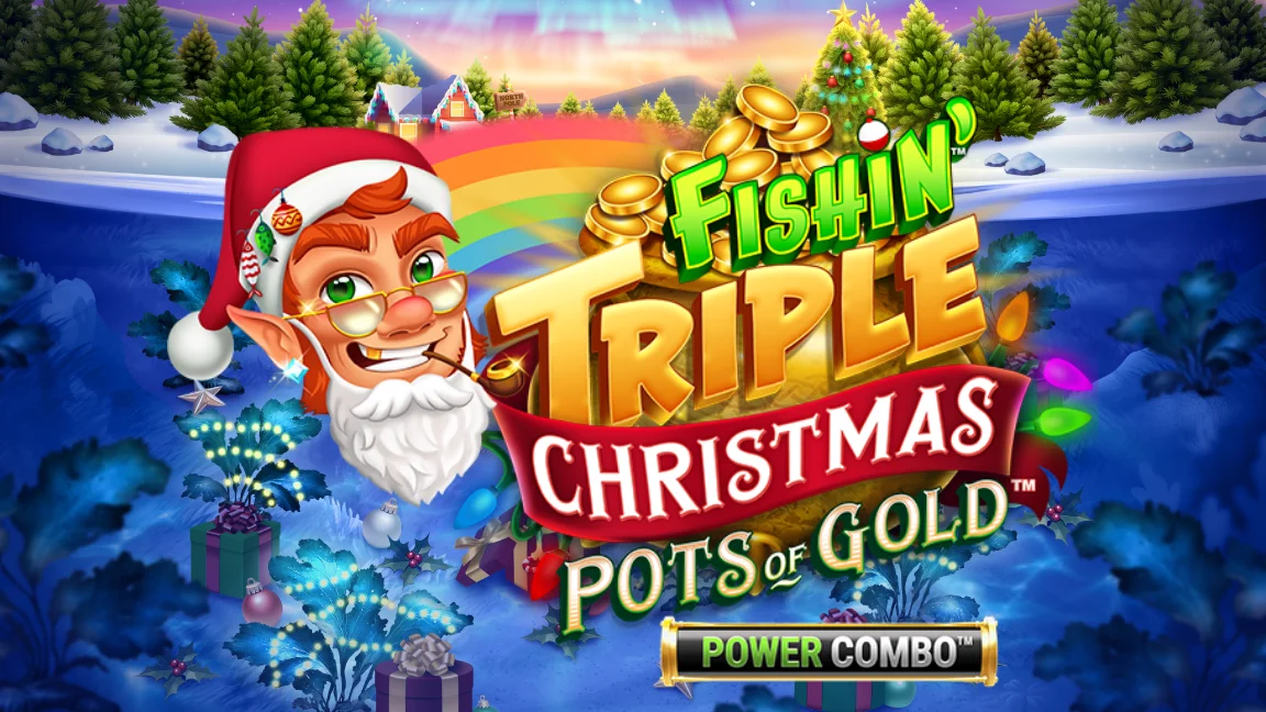 The promotional header for Fishin' Triple Christmas Pots of Gold POWER COMBO™, an online slot game on Betty.ca.
