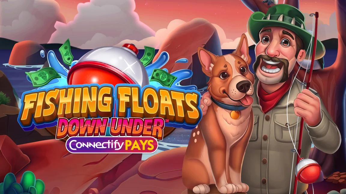 The promotional header for Fishing Floats Down Under Connectify Pays™, an online slot game on Betty.ca.