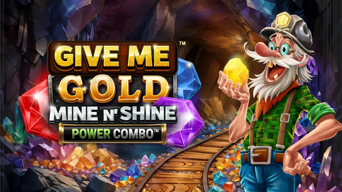 The promotional header for Give Me Gold: Mine n' Shine POWER COMBO™, an online slot game on Betty.ca.