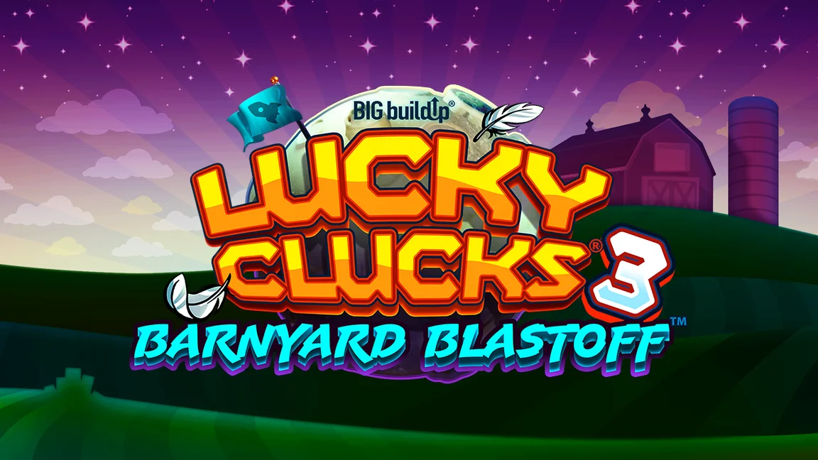 The promotional header for Lucky Clucks® 3: Barnyard Blastoff™, an online slot game on Betty.ca.