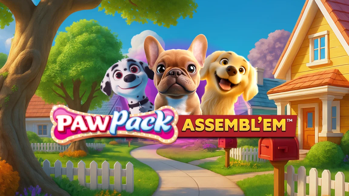 The promotional header for Paw Pack Assembl'em™, an online slot game on Betty.ca.