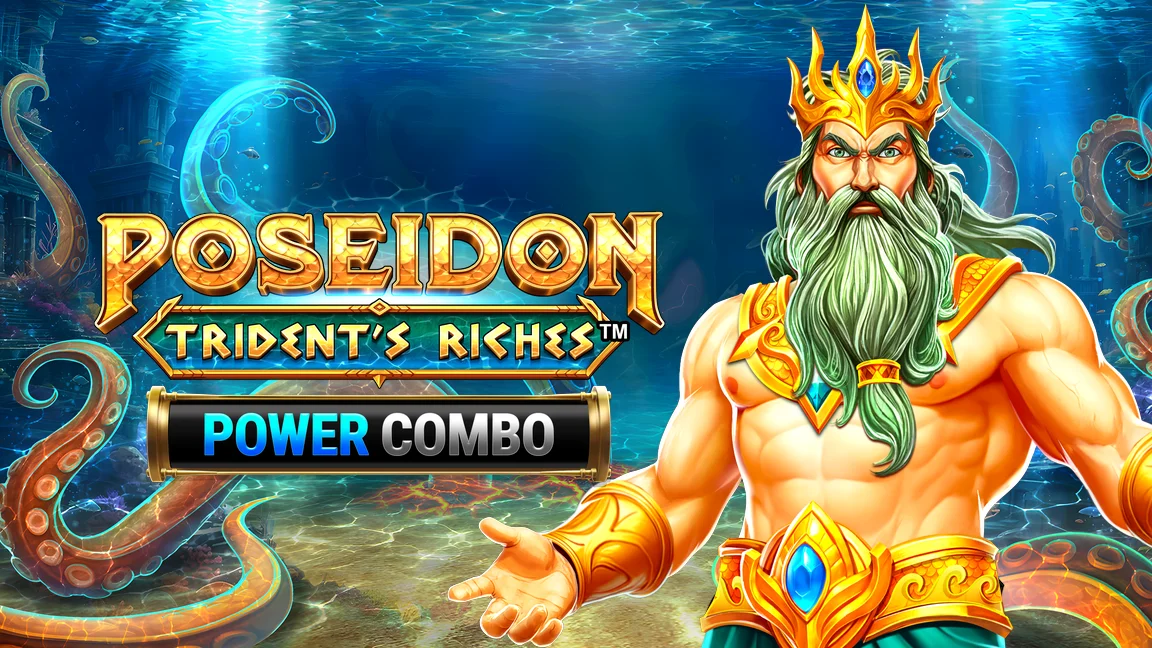 The promotional header for Poseidon: Trident's Riches Power Combo, an online slot game on Betty.ca.