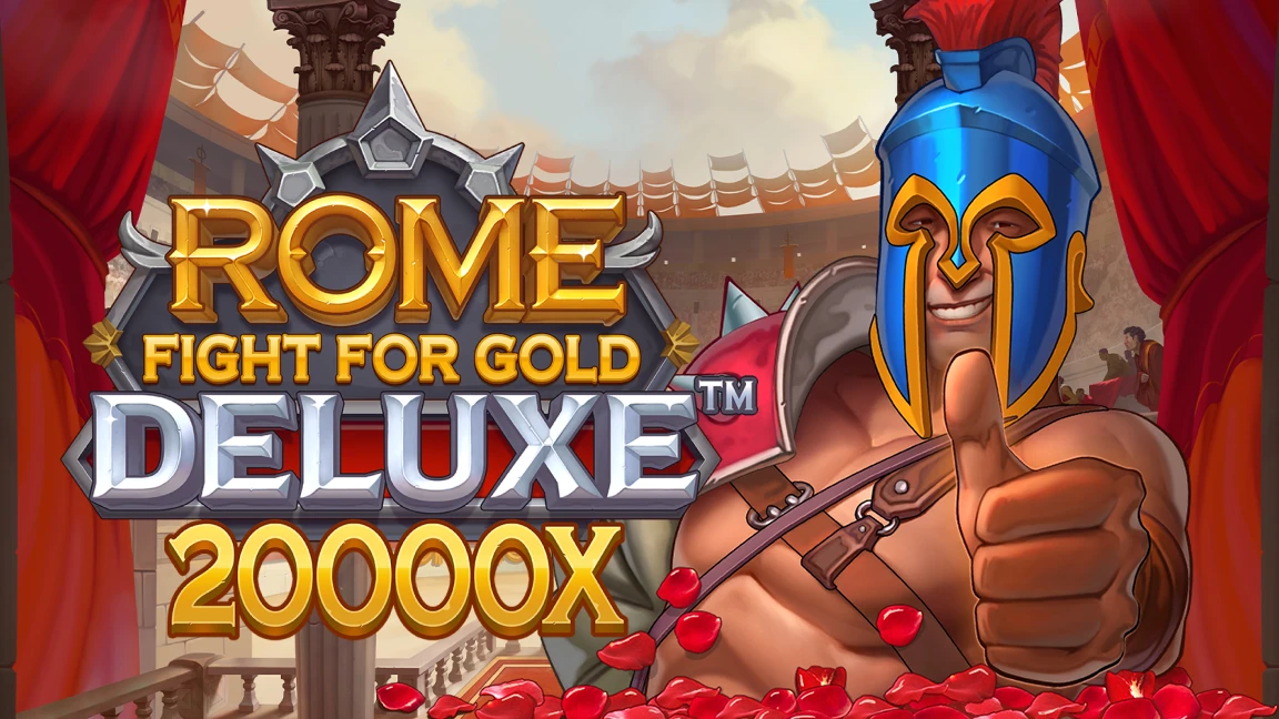 The promotional header for Rome Fight For Gold Deluxe™, an online slot game on Betty.ca.