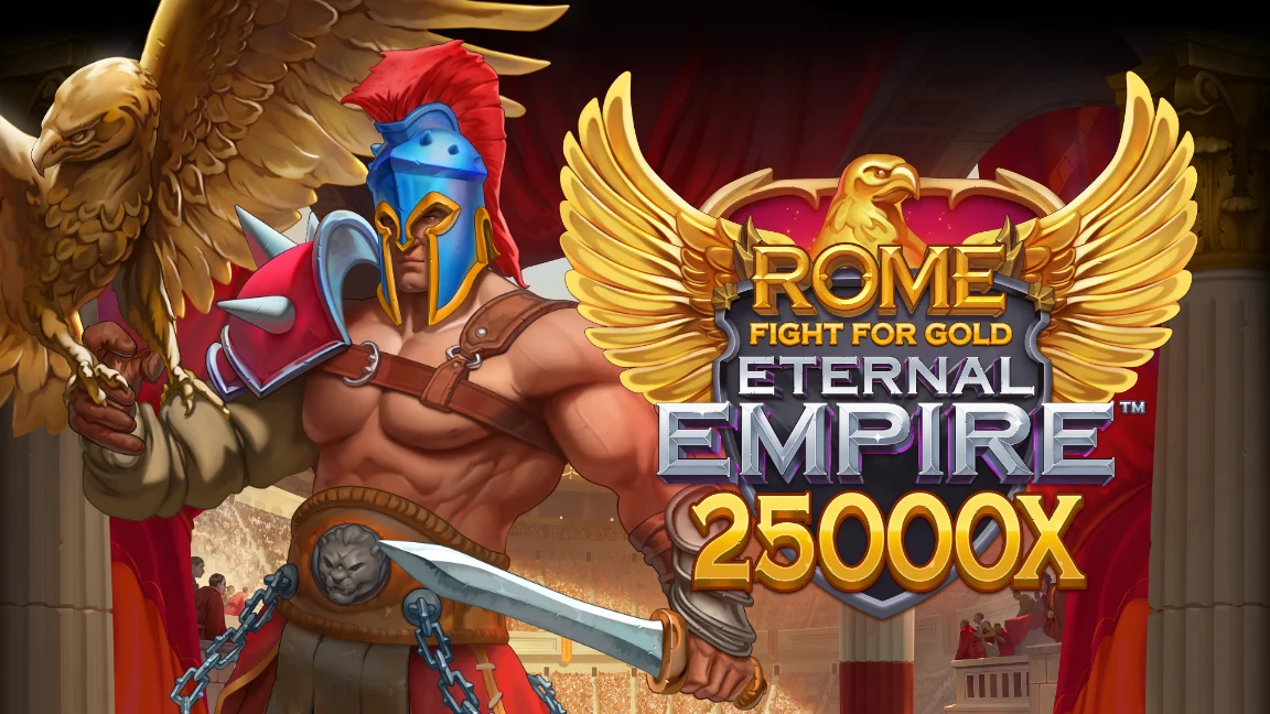 The promotional header for Rome Fight for Gold Eternal Empire, an online slot game on Betty.ca.