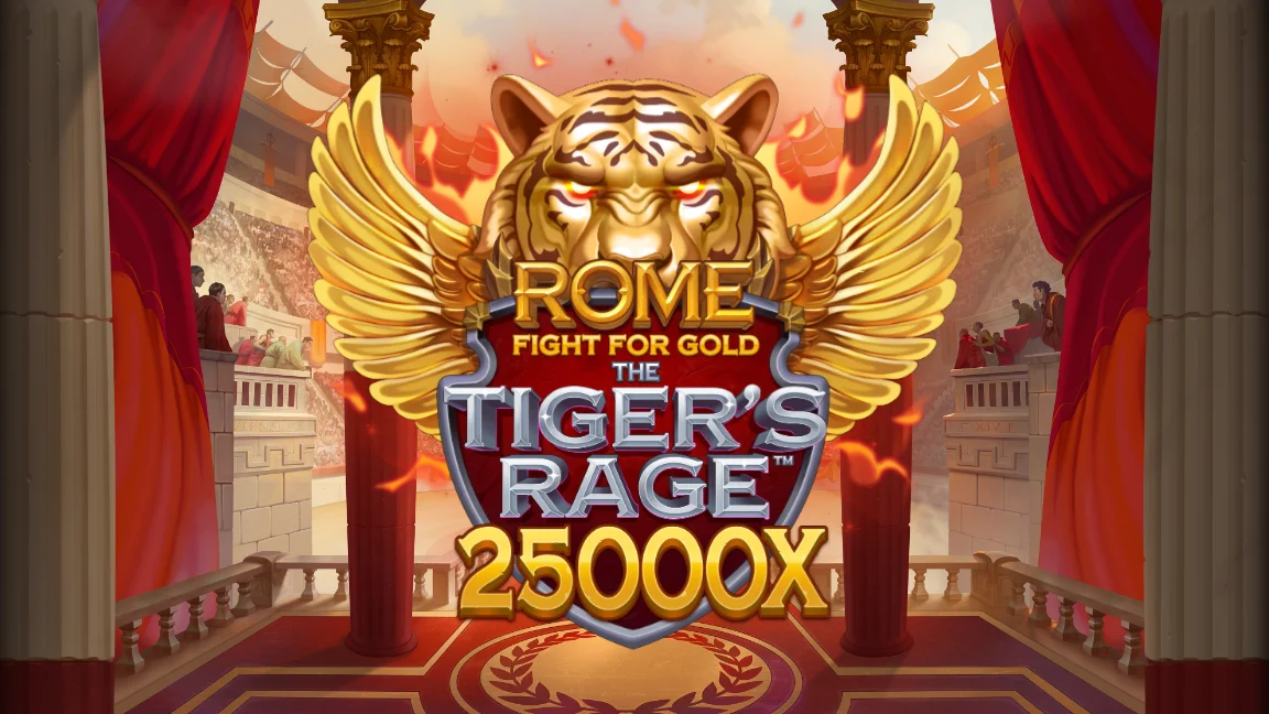 The promotional header for Rome Fight for Gold the Tiger's Rage™, an online slot game on Betty.ca.